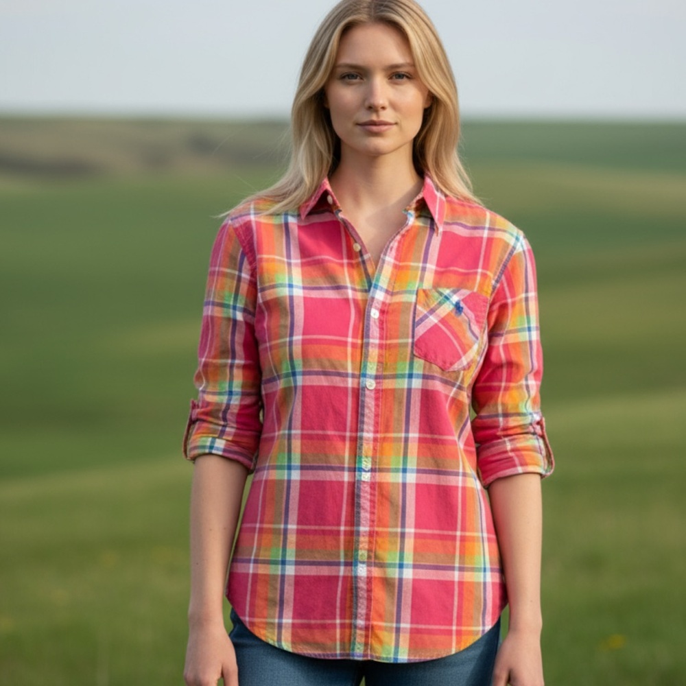 U.S. Polo Assn. Pink and Yellow Plaid Button-Down Shirt - Picture 3 of 5